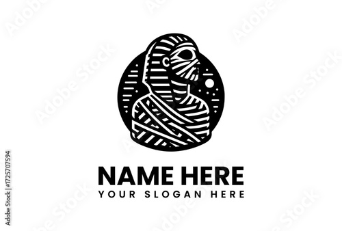 Stylized Mummy Profile with Bandages and Decorative Ornate Circle.