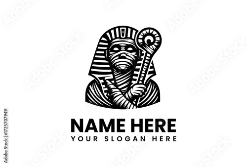 Stylized Mummy with Headdress and Crooked Staff in Black and White.
