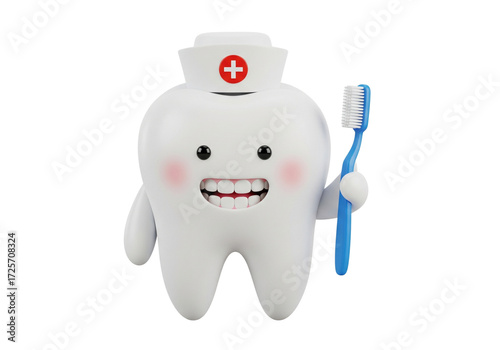 Happy Dental Tooth Nurse Character with Toothbrush for Oral Health and Hygiene Care
