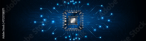Microchip processor circuit board technology on dark blue background. Information Processing Concept. Circuit board hi-tech technology background. vector illustration	
