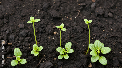 Five young growing plants on the soil. Growing plants. Growth and development concept