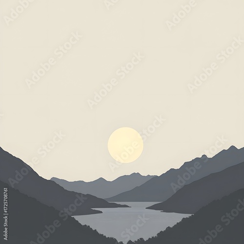 Serene Sunset Landscape: Mountains, Lake, and Sun