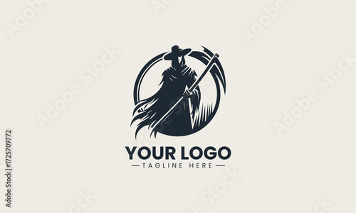 Imposing scarecrow figure holding a large scythe in a commanding black silhouette vector logo design, exuding a mysterious and powerful presence
