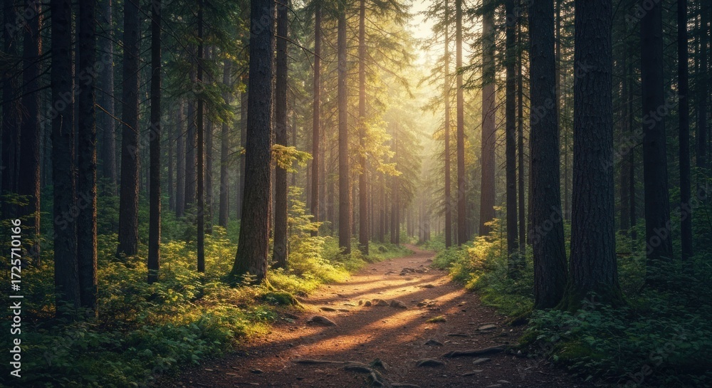 Naklejka premium Sunbeams pierce misty forest path