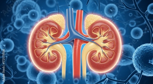 Detailed kidney anatomy with renal cells, ideal for medical training and healthcare visualizations showcasing human organ systems and biological processes