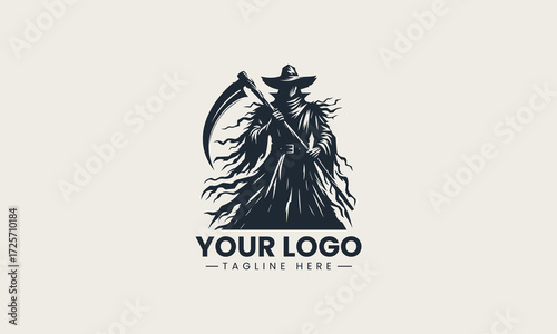 Imposing scarecrow figure holding a large scythe in a commanding black silhouette vector logo design, exuding a mysterious and powerful presence