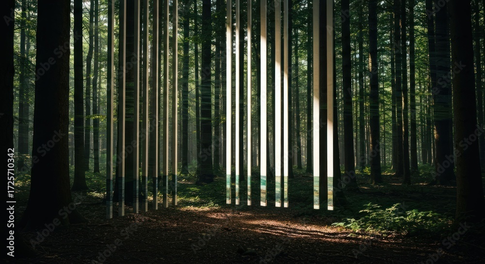 Fototapeta premium Sunlight filters through forest, vertical light beams