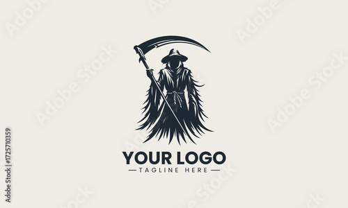 Imposing scarecrow figure holding a large scythe in a commanding black silhouette vector logo design, exuding a mysterious and powerful presence