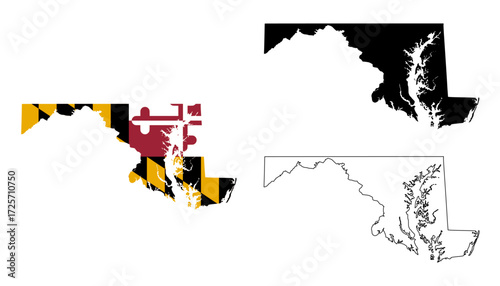 Maryland map set. Maryland USA map vector. Maryland silhouette, outline, and flag map