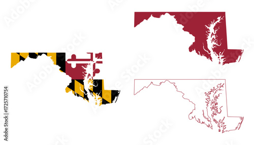 Maryland map set. Maryland USA map vector. Maryland red, outline, and flag map