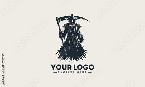 Imposing scarecrow figure holding a large scythe in a commanding black silhouette vector logo design, exuding a mysterious and powerful presence