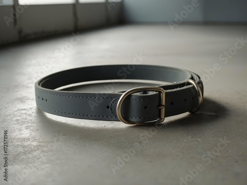 Grey leather collar with metal buckle on concrete background  