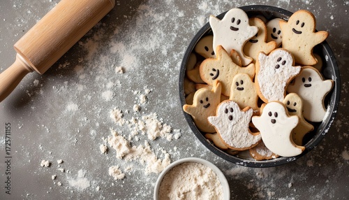 Ghost-shaped cookies in bowl with flour and rolling pin on table  