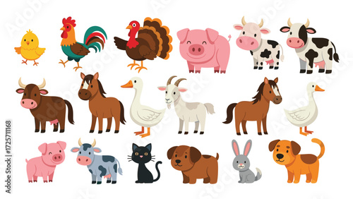 Colorful Cartoon Animals Gathering Together in a Playful Farm Scene Illustration