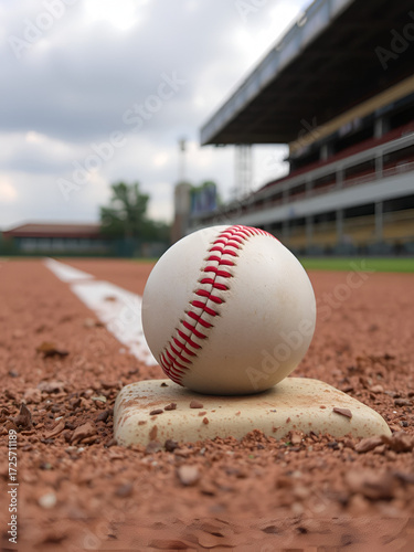 A baseball is on the base on the ground.