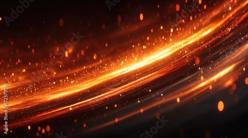 Dynamic orange and black abstract design showcases swirling lines of light and shimmering particles.