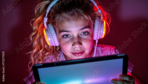 Young girl wearing headphones while using tablet in colorful light  
