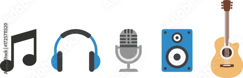 A creative compilation of flat vector icons representing essential musical elements and audio equipment, perfect for digital design, sound themes, and entertainment graphics