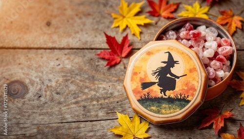 Witch silhouette on candy tin surrounded by autumn leaves  