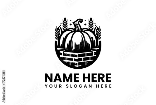 Vintage Style Pumpkin Logo with Wheat and Bricks.