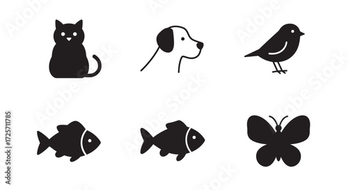 Set of simple black pet and animal icons including cat, dog, bird, fish, and butterfly. Minimalist vector graphic collection on a white background