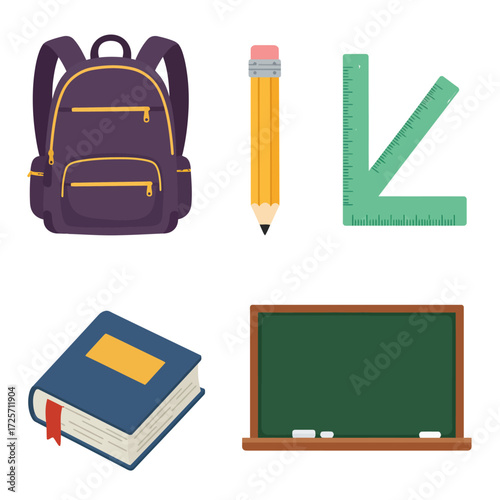 A collection of school supplies including a backpack, pencil, ruler, book, and chalkboard