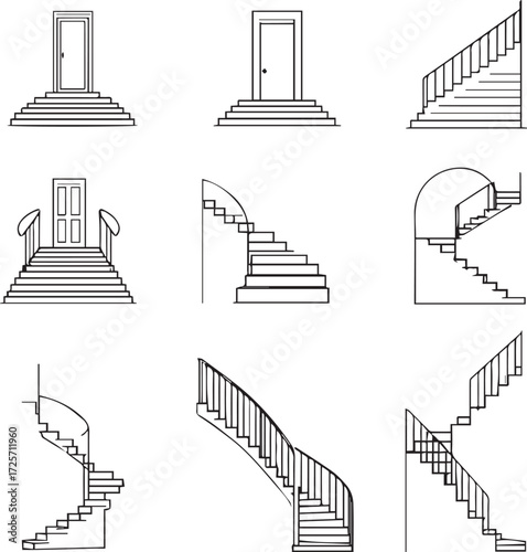 Black-and-white staircase and doorway illustration grid in minimalist architectural line art style