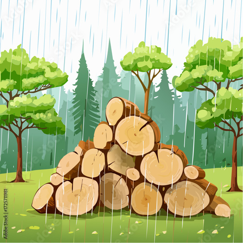 Rain Shower on Stack of Logs in Lush Green Forest