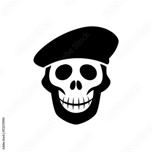 Skull wearing a black military beret hat