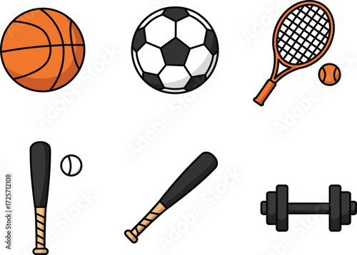 Sports Equipment Set Basketball, Soccer Ball, Tennis Racket, Baseball Bat, and Dumbbell