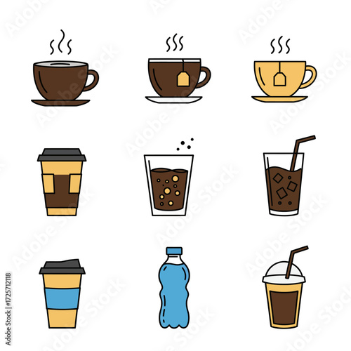 Outlined flat design beverage icons set. Hot and cold drinks including coffee, tea, water, and soda presented in various cups, mugs, and bottles