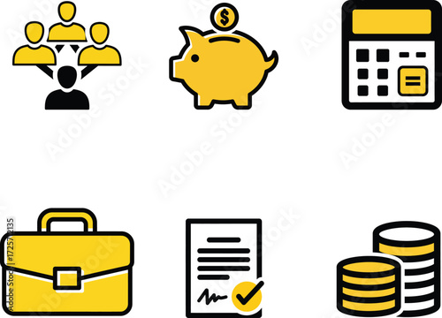 Business finance icons representing teamwork savings calculator briefcase and coins


