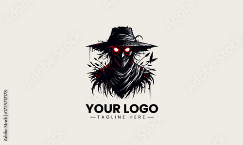 Mysterious scarecrow figure with glowing red eyes in a foreboding black silhouette vector logo design for an eerie atmosphere