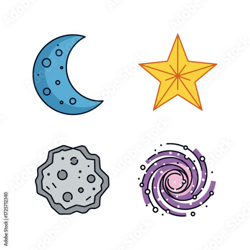 This is an illustration featuring four distinct celestial objects. In the top-left corner, there's a blue crescent moon with craters