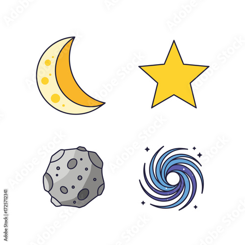 Collection of celestial bodies isolated on white background including moon, star, asteroid, galaxy