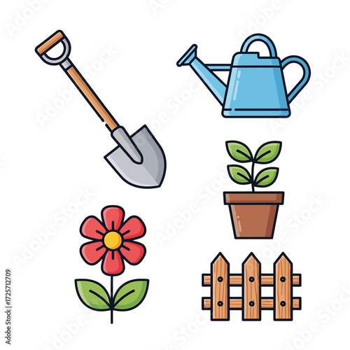 Vibrant collection of gardening icons shovel, watering can, potted plant, red flower, and fence. Perfect for horticulture, spring themes, and nature-inspired designs