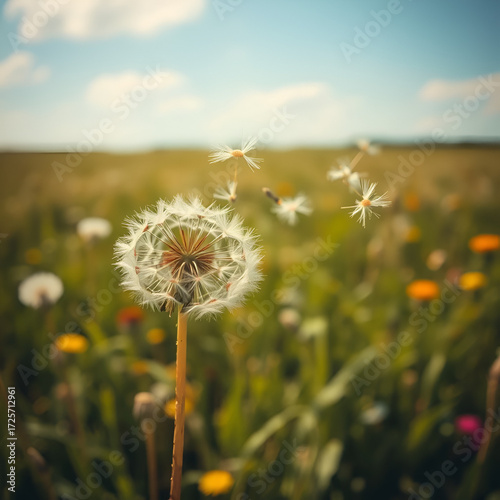Dandelion seeds blowing in the wind across a summer field background, conceptual image meaning change, growth, movement and direction.