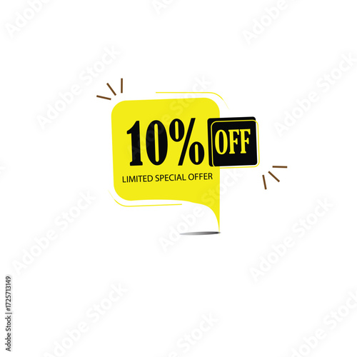 Limited Special Offer: A vibrant speech bubble, boasting a bold '10% OFF' with the words limited special offer, signifying an exclusive deal, promising savings, discount and a fleeting opportunity.