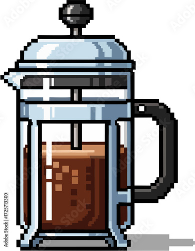 Pixel art illustration of a French press coffee maker with coffee inside, set against a white background.