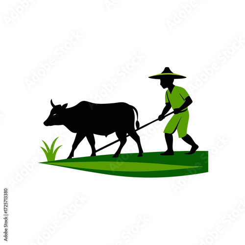 Farmer plowing field with ox silhouette art