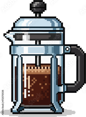 Pixelated illustration of a French press filled with coffee.