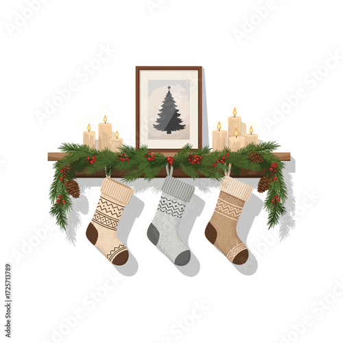 Festive Christmas mantelpiece decoration with stockings, candles, a framed tree, and garland.