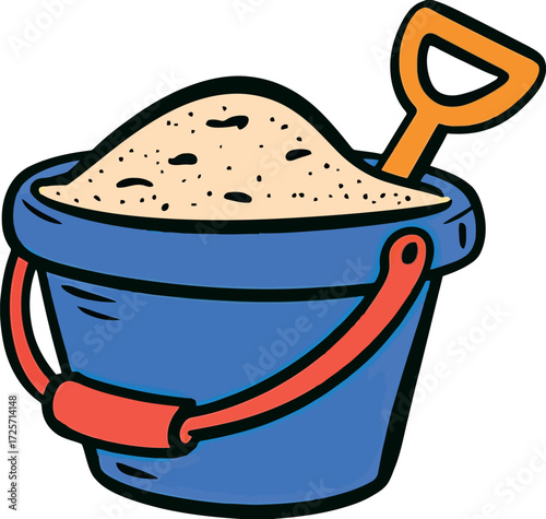 Blue beach bucket sand shovel summer fun toy vector Hand drawn