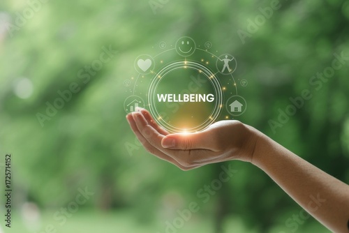 Hand holding wellbeing symbols surrounded by greenery in a peaceful setting