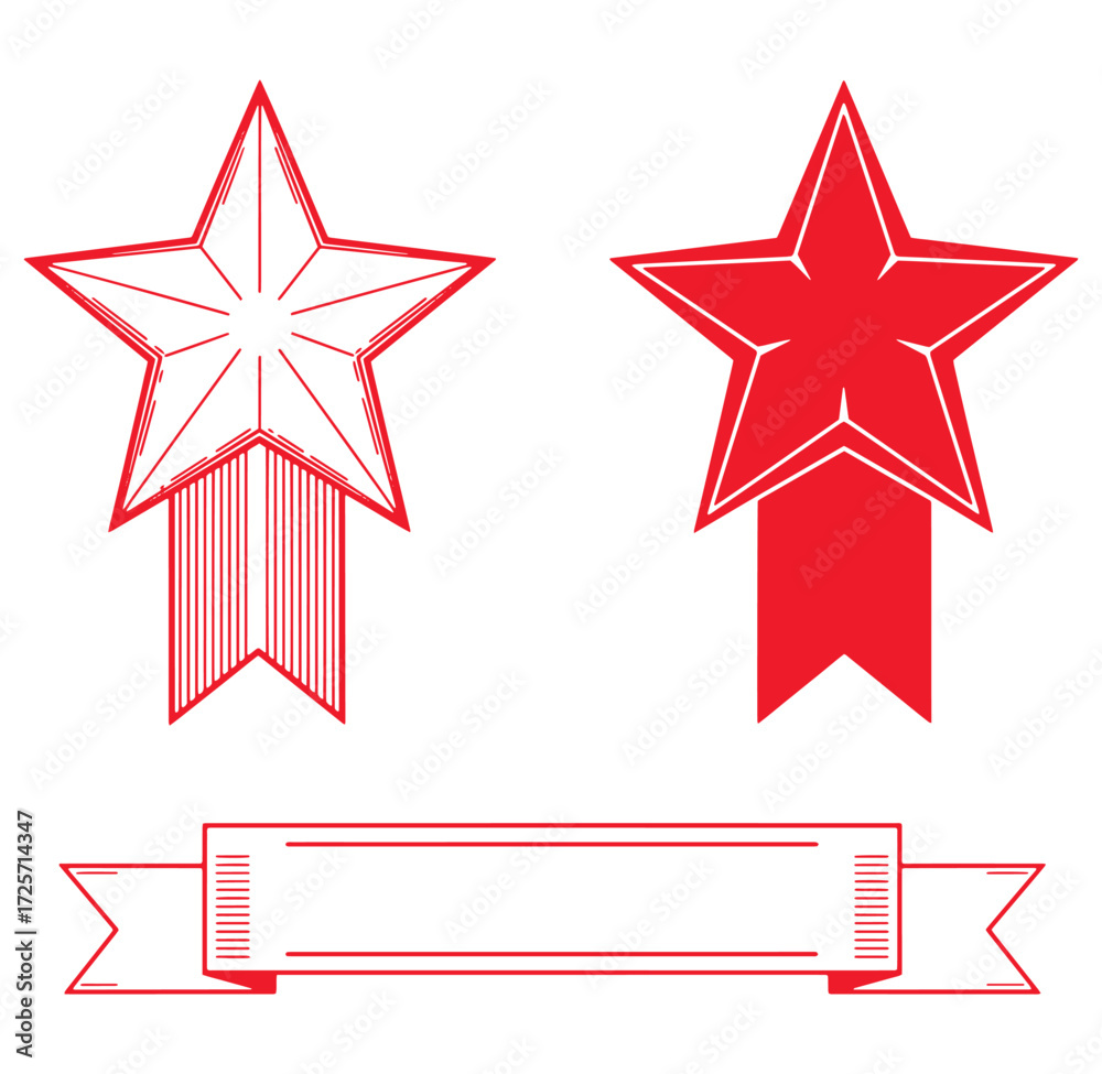 Obraz premium Red star award badges with banner elements for celebration and achievement designs