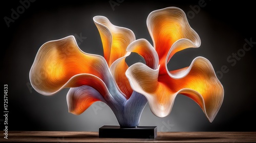 Striking abstract sculpture, with flowing, layered forms in vibrant orange and white, stands on a dark base against a dark background.