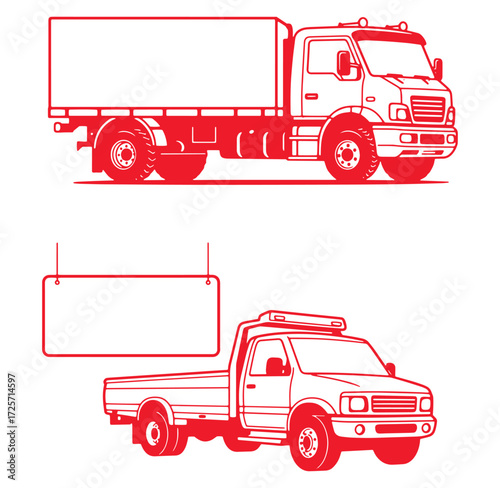 Red truck and pickup truck outline graphic design elements for transportation concepts