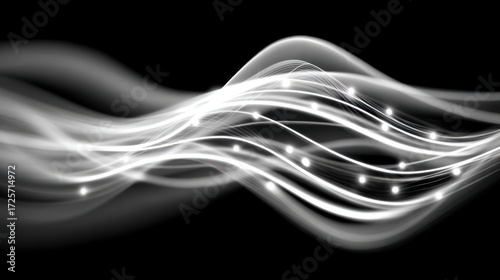 Graceful, flowing white lines and shimmering lights create a dynamic abstract design against a dark backdrop.