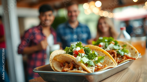 appetizing tacos with friends in blurred background, epitomizing social gatherings and culinary delights. High quality