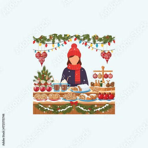 Woman selling Christmas treats at a market stall.